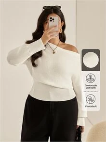 Auralis 大码女装时尚休闲宽松舒适日常简约百搭露肩长袖米色套头毛衣，简约风格，返校季，春季外出上衣 - 白色 - 查看 3