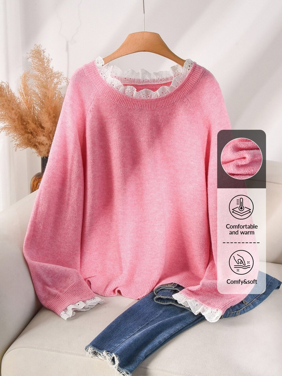 CosyJoli Plus Size Casual Lace Splice Round Neck Pullover Pink Mesh Sweater,Fall Clothes For Women Autumn Fall/Winter - Pink - View 1