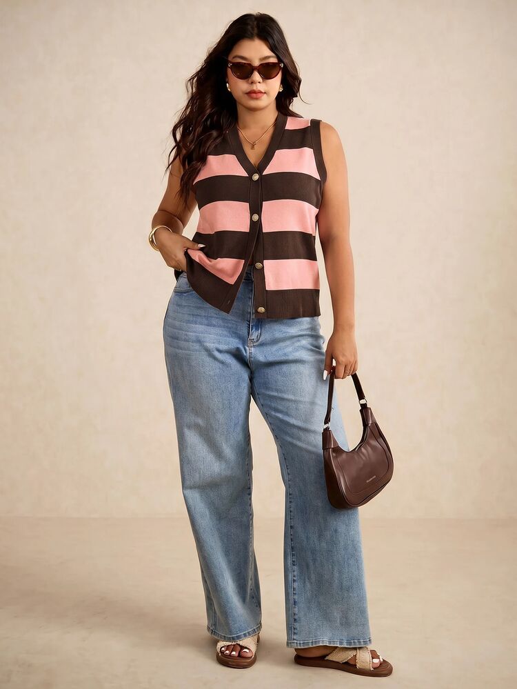 Elaquor Plus Size Sleeveless Knitted Sweater Vest, Fashionable For Summer,Business Casual Woman In Fall/Winter - Pink - View 1