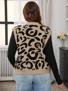 Lounesse Plus Size Casual 80s Leopard Print Knit Vest Cardigan Autumn Formal Vacation Beige - Multicolor - View 3