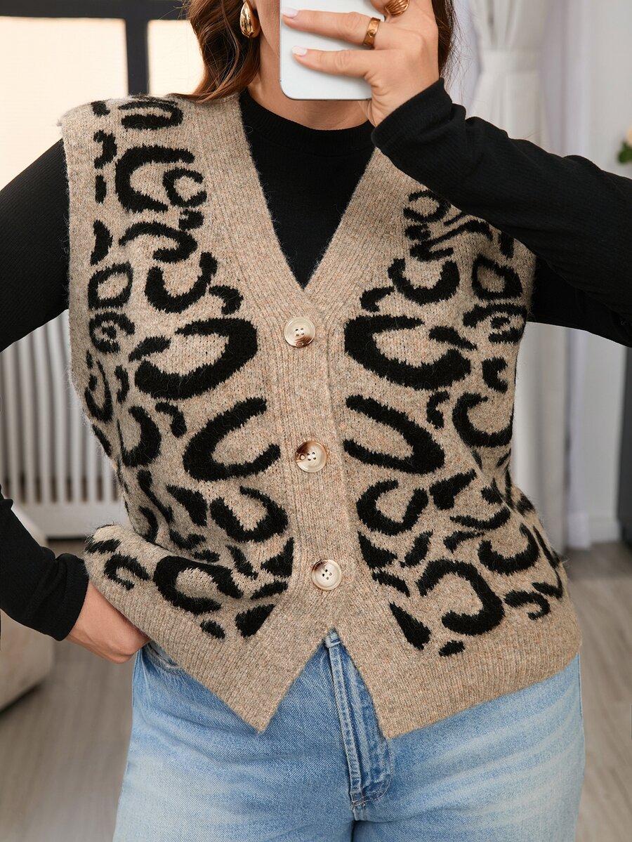 Lounesse Plus Size Casual 80s Leopard Print Knit Vest Cardigan Autumn Formal Vacation Beige