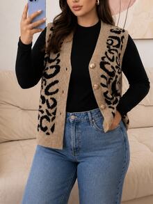 Lounesse Plus Size Casual 80s Leopard Print Knit Vest Cardigan Autumn Formal Vacation Beige - Multicolor - View 9