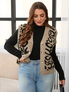 Lounesse Plus Size Casual 80s Leopard Print Knit Vest Cardigan Autumn Formal Vacation Beige - Multicolor - View 8