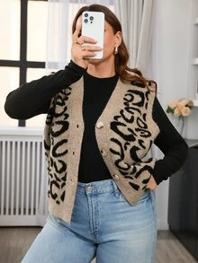 Lounesse Plus Size Casual 80s Leopard Print Knit Vest Cardigan Autumn Formal Vacation Beige - Multicolor - View 4