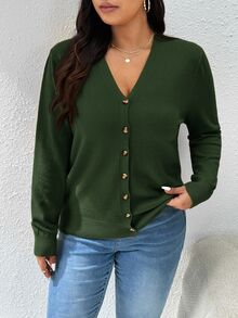 CosyJoli 女式大码休闲百搭纯色开衫，百搭，冬季 - 軍綠色 - 查看 13