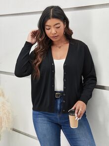 SHEIN Frenchy 冬季纯色纽扣前开衫 - 黑色 - 查看 8