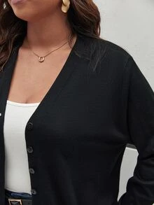 SHEIN Frenchy 冬季纯色纽扣前开衫 - 黑色 - 查看 7