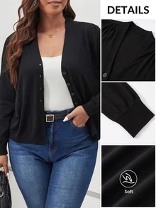 SHEIN Frenchy 冬季纯色纽扣前开衫 - 黑色 - 查看 2