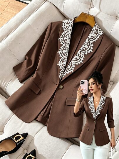 SHEIN Franclia Women's Thin Jacket Fall Blazer Daily Commute Business Casual Elegant Minimalist Lace Patchwork Office Brown