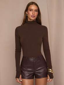 SHEIN BAE Pantalones cortos de unicolor para mujer de moda para ir al trabajo - Marrón Chocolate - Ver 4