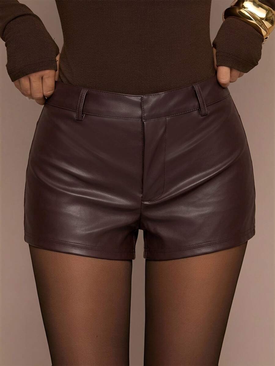 SHEIN BAE Pantalones cortos de unicolor para mujer de moda para ir al trabajo - Marrón Chocolate - Ver 1