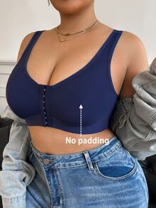 Plus Size Simple Solid Color Front Closure Wireless Bra - Navy Blue - View 1