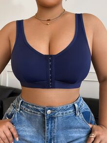 Plus Size Simple Solid Color Front Closure Wireless Bra - Navy Blue - View 3