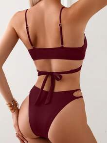 Swim Basics Women's Solid Color Spaghetti Strap Sexy Bikini Swimwear Set, Summer Beach Burgundy Purple - Burgundy - View 2
