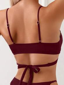 Swim Basics Women's Solid Color Spaghetti Strap Sexy Bikini Swimwear Set, Summer Beach Burgundy Purple - Burgundy - View 6