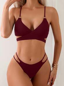 Swim Basics Women's Solid Color Spaghetti Strap Sexy Bikini Swimwear Set, Summer Beach Burgundy Purple - Burgundy - View 7