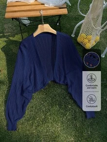 SHEIN Privé 大尺碼純色鏤空針織開襟衫，適合度假休閒穿著 - 藏蓝色 - 查看 6