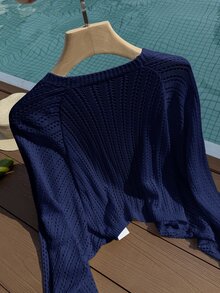 SHEIN Privé 大尺碼純色鏤空針織開襟衫，適合度假休閒穿著 - 藏蓝色 - 查看 4