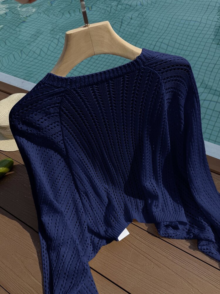 SHEIN Privé كارديجان محبوك مفرغ بلون موحد مقاس كبير للارتداء الكاجوال في الإجازات - أزرق بحري - مشاهدة 3