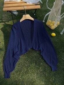 SHEIN Privé 大尺碼純色鏤空針織開襟衫，適合度假休閒穿著 - 藏蓝色 - 查看 9