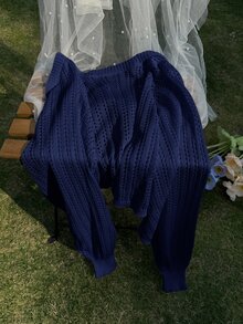 SHEIN Privé 大尺碼純色鏤空針織開襟衫，適合度假休閒穿著 - 藏蓝色 - 查看 7