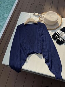 SHEIN Privé 大尺碼純色鏤空針織開襟衫，適合度假休閒穿著 - 藏蓝色 - 查看 8