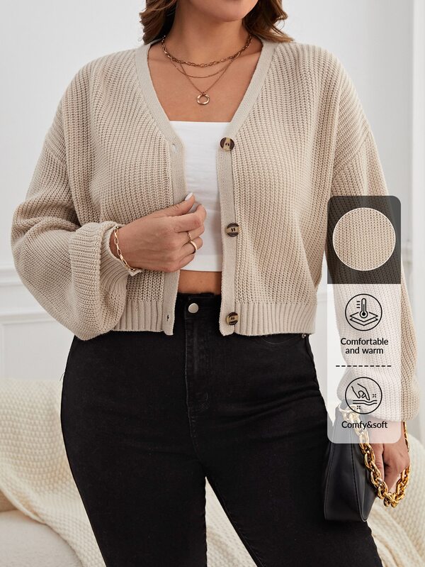 SHEIN Essnce Plus Drop Shoulder Button Front Cardigan, For Winter Fall Fall/Winter