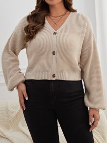 SHEIN Essnce Plus Drop Shoulder Button Front Cardigan, For Winter Fall Fall/Winter - Khaki - View 6