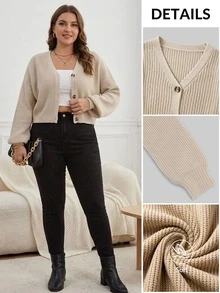 SHEIN Essnce Plus Drop Shoulder Button Front Cardigan, For Winter Fall Fall/Winter - Khaki - View 7