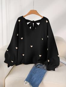 CosyJoli Plus Size Casual Heart Pattern Beige V-Neck Backless Pullover Sweater Cute Black Tops Bow Tops/Winter - Black - View 8