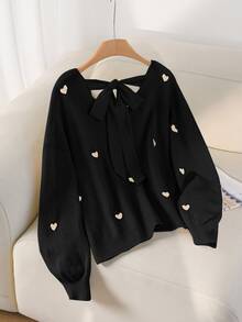 CosyJoli Plus Size Casual Heart Pattern Beige V-Neck Backless Pullover Sweater Cute Black Tops Bow Tops/Winter - Black - View 4