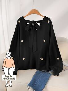 CosyJoli Plus Size Casual Heart Pattern Beige V-Neck Backless Pullover Sweater Cute Black Tops Bow Tops/Winter - Black - View 3