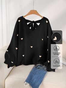 CosyJoli Plus Size Casual Heart Pattern Beige V-Neck Backless Pullover Sweater Cute Black Tops Bow Tops/Winter - Black - View 2