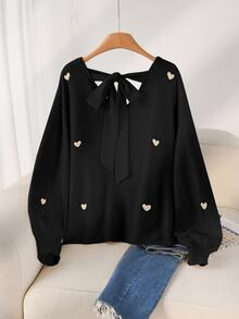 CosyJoli Plus Size Casual Heart Pattern Beige V-Neck Backless Pullover Sweater Cute Black Tops Bow Tops/Winter - Black - View 7