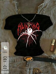 SHEIN EZwear Plus Spider & Letter Graphic Off Shoulder Tee - Black - View 1