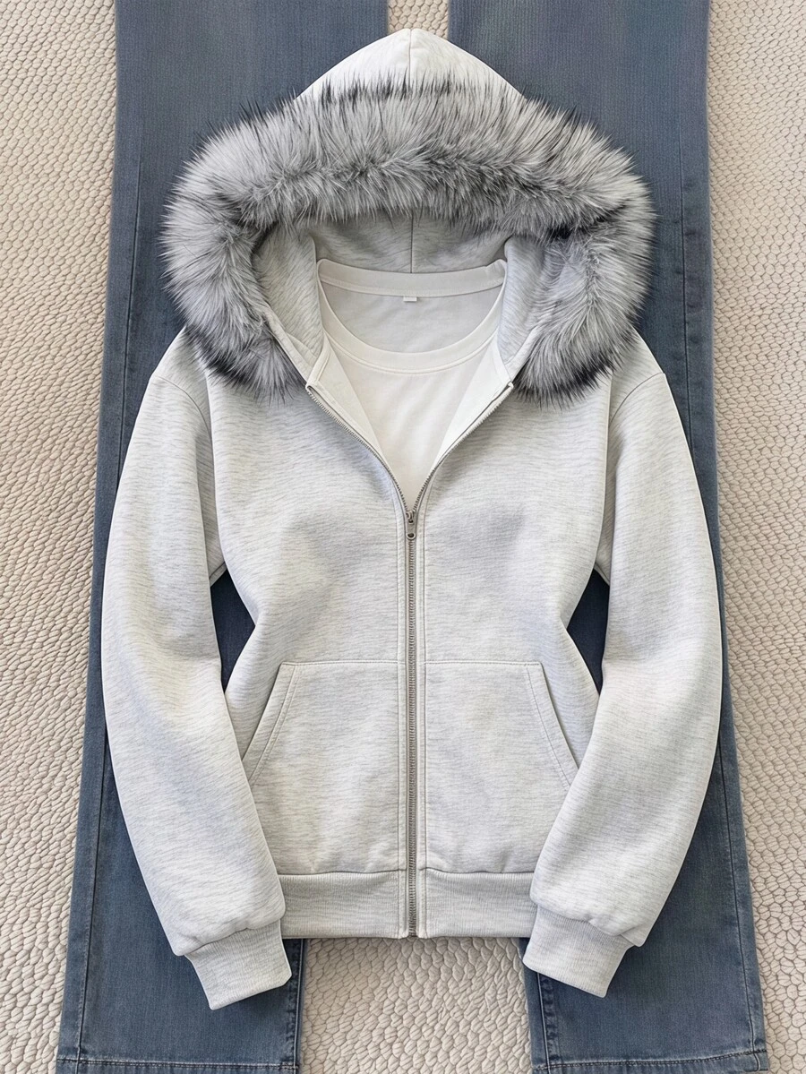 SHEIN 1件女童連帽長袖拉鍊夾克,背面與袖子飾有蝴蝶結刺繡 - 淺灰色 - 查看 1
