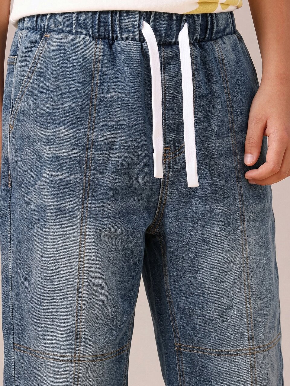 Relaxed Fit Pull On Slouchy Barrel Jeans Drawstring Waist Elastic Casual Comfort Denim Pants Everyday Youth Style