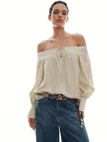 MOTF PREMIUM URBAN CHIC OFF SHOULDER ELEGANT LOOSE BLOUSE AUTUMN/WINTER, BACK TO SCHOOL - Apricot - View 6