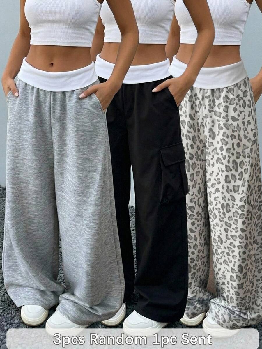 SHEIN Teen Girl Leopard Print Folded Waist Wide Leg Loose Casual Sweatpants White Summer - Grey - View 1