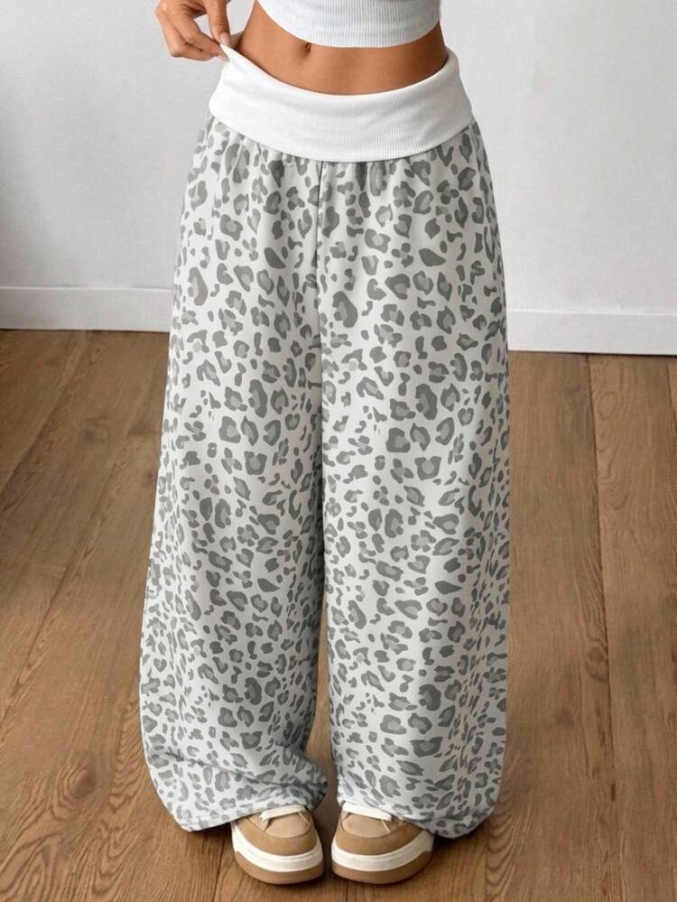 SHEIN Teen Girl Leopard Print Folded Waist Wide Leg Loose Casual Sweatpants - Grey - View 3