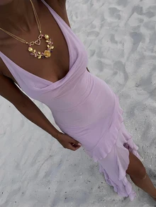 Firerie Women's Elegant Lavender Asymmetrical Ruffle Hem Maxi Dress,High Slit Backless Fitted Wedding Guest Vacation Gown, Summer Vacation Dinner Outfits - Purple - View 7