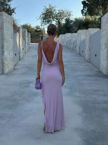Firerie Women's Elegant Lavender Asymmetrical Ruffle Hem Maxi Dress,High Slit Backless Fitted Wedding Guest Vacation Gown, Summer Vacation Dinner Outfits - Purple - View 9