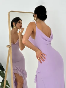 Firerie Women's Elegant Lavender Asymmetrical Ruffle Hem Maxi Dress,High Slit Backless Fitted Wedding Guest Vacation Gown, Summer Vacation Dinner Outfits - Purple - View 3