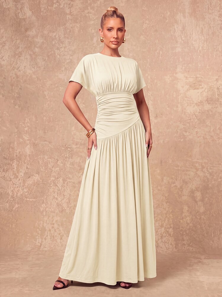 Lumalex New Apricot Short Sleeve Ruched Waist Design Round Neck Long Dress Wedding Dinner Mother Of The Bride Summer Elegant - Apricot - View 10