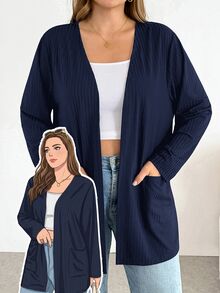 SHEIN Essnce 大尺碼女款春夏時尚休閒寬鬆舒適基本百搭長袖黑色開襟外套，春季穿搭，簡約風格，工作上衣 - 藏蓝色 - 查看 7