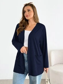 SHEIN Essnce 大尺碼女款春夏時尚休閒寬鬆舒適基本百搭長袖黑色開襟外套，春季穿搭，簡約風格，工作上衣 - 藏蓝色 - 查看 4