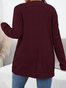 SHEIN Essnce Plus Size Women Casual Solid Color Dual Pocket Front Cardigan, Autumn/Winter Fall - Rose Red - View 3