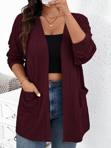 SHEIN Essnce Plus Size Women Casual Solid Color Dual Pocket Front Cardigan, Autumn/Winter Fall - Rose Red - View 4