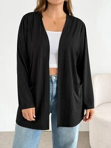 SHEIN Essnce Plus Size Women's Fashion Casual Loose Comfortable Basic Versatile Long Sleeve Black Cardigan, Spring/Summer Outfit, Minimalist Style, Work Top - Black - View 5