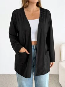 SHEIN Essnce Plus Size Women's Fashion Casual Loose Comfortable Basic Versatile Long Sleeve Black Cardigan, Spring/Summer Outfit, Minimalist Style, Work Top - Black - View 8